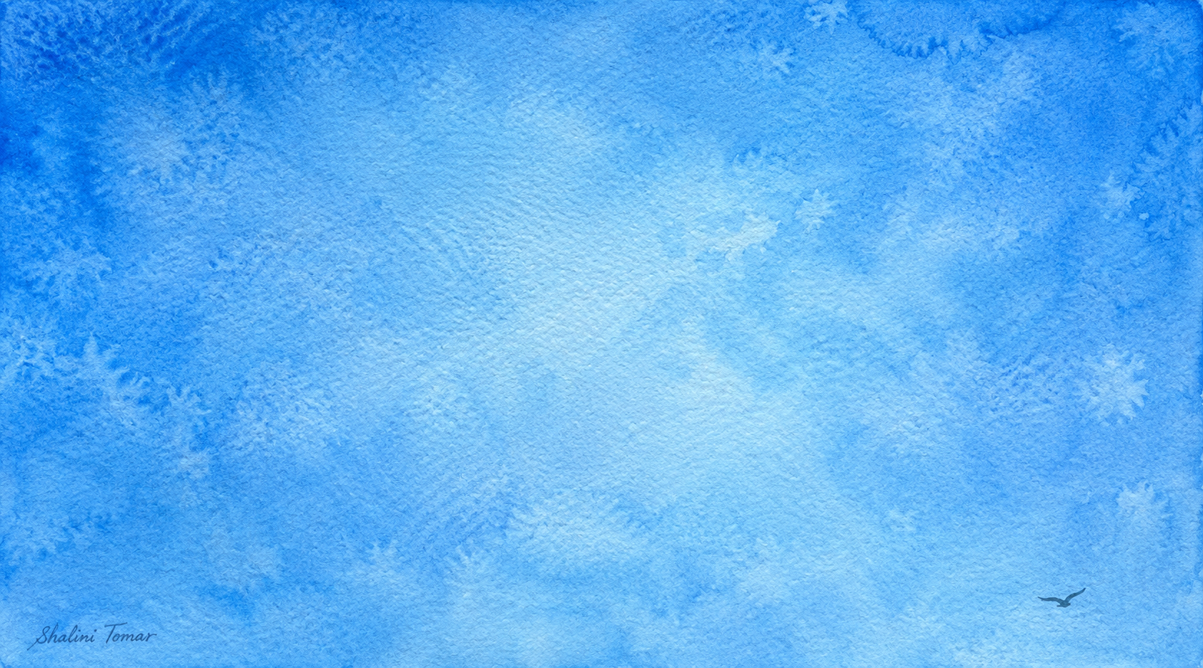 Dark bird crossing a luminous layered blue field in a minimalist abstract watercolor