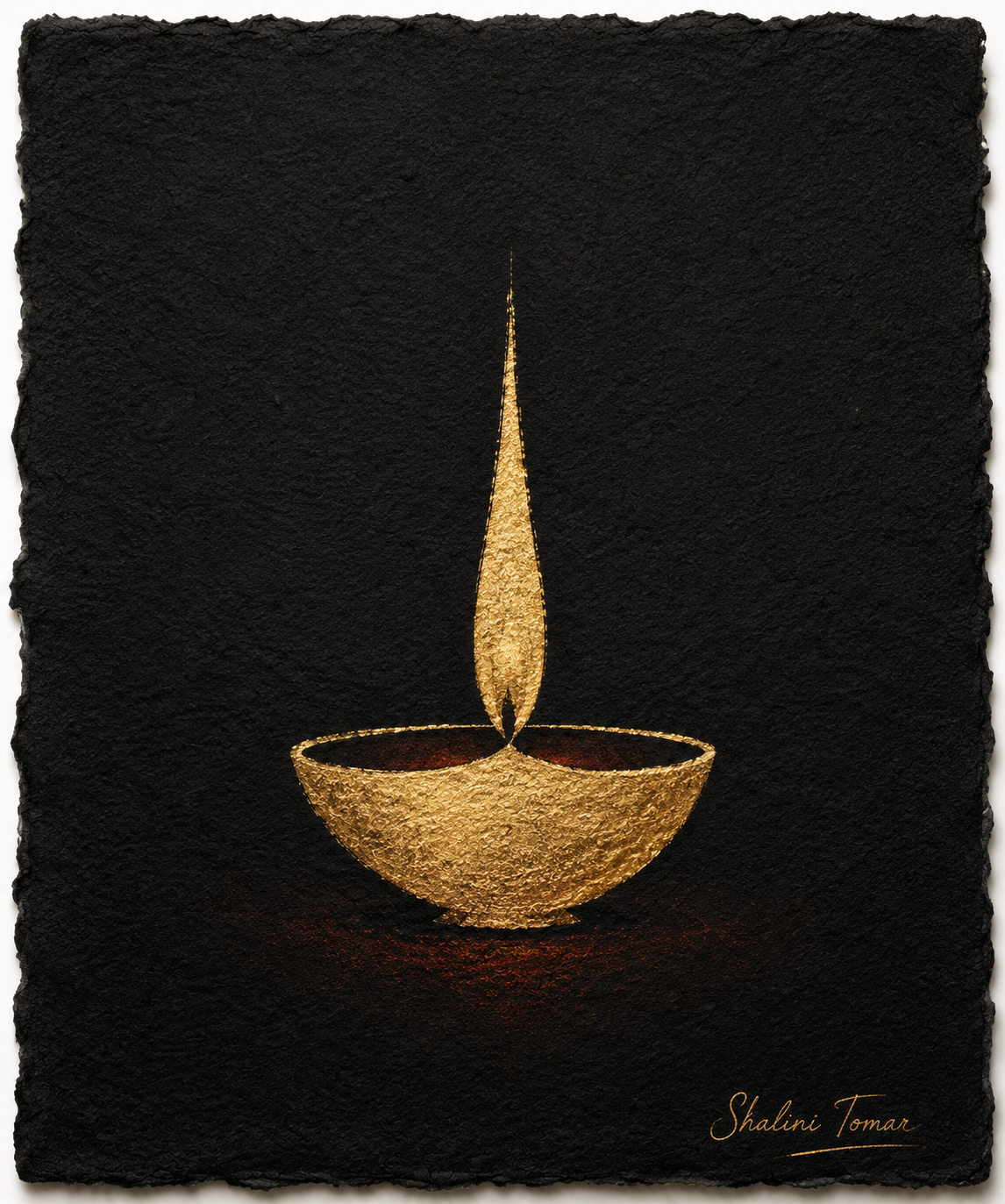 Radiant gold diya with an ember-red glow against a richly textured black field