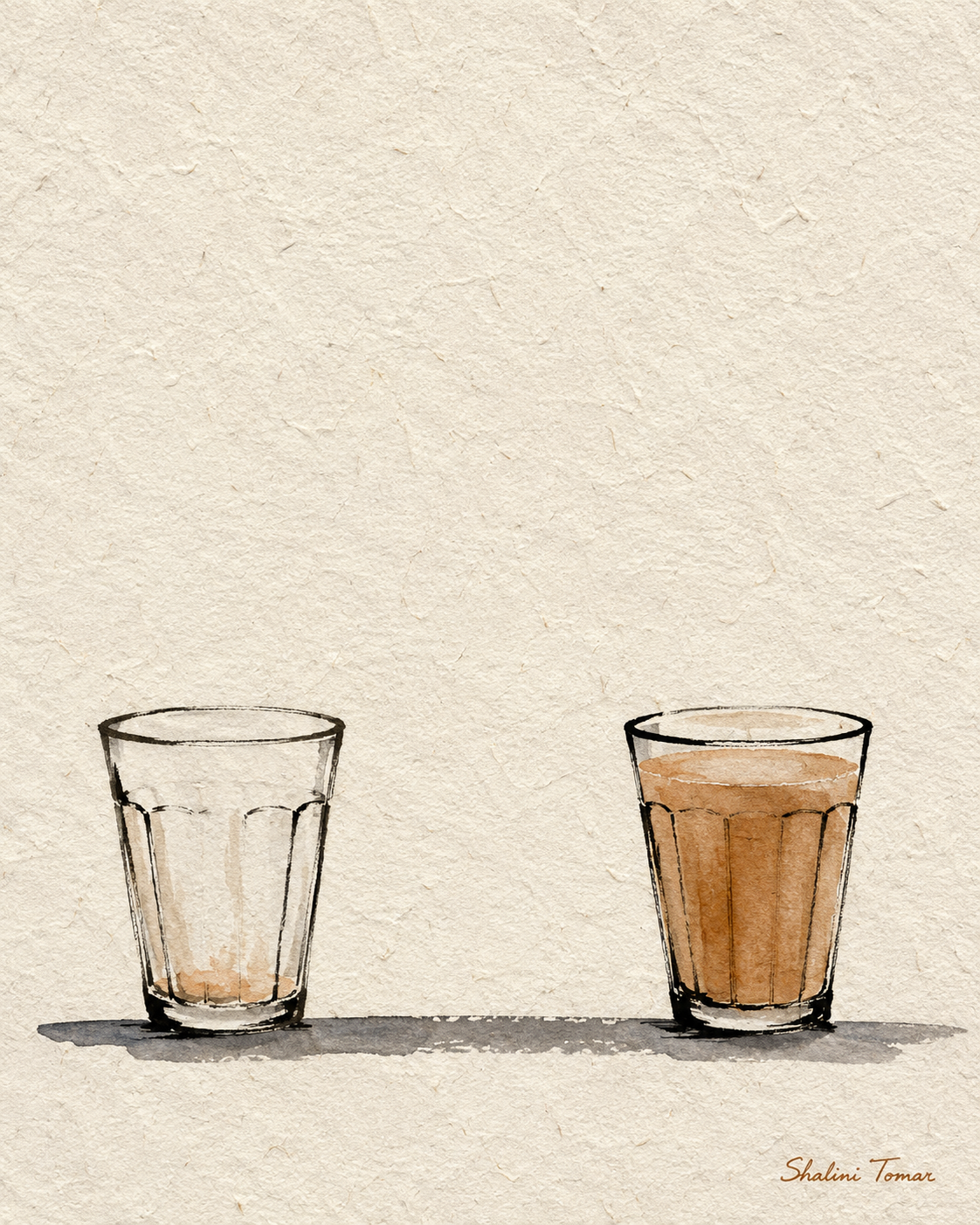 Watercolor of two Indian tea glasses, one empty and one full, joined by a long shadow.