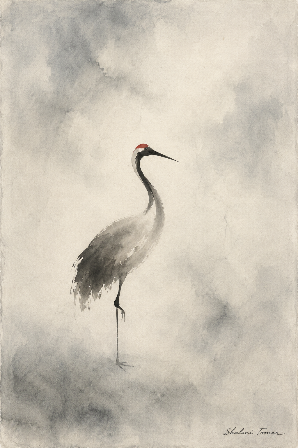 Red-crowned crane standing alone in layered soft gray watercolor mist