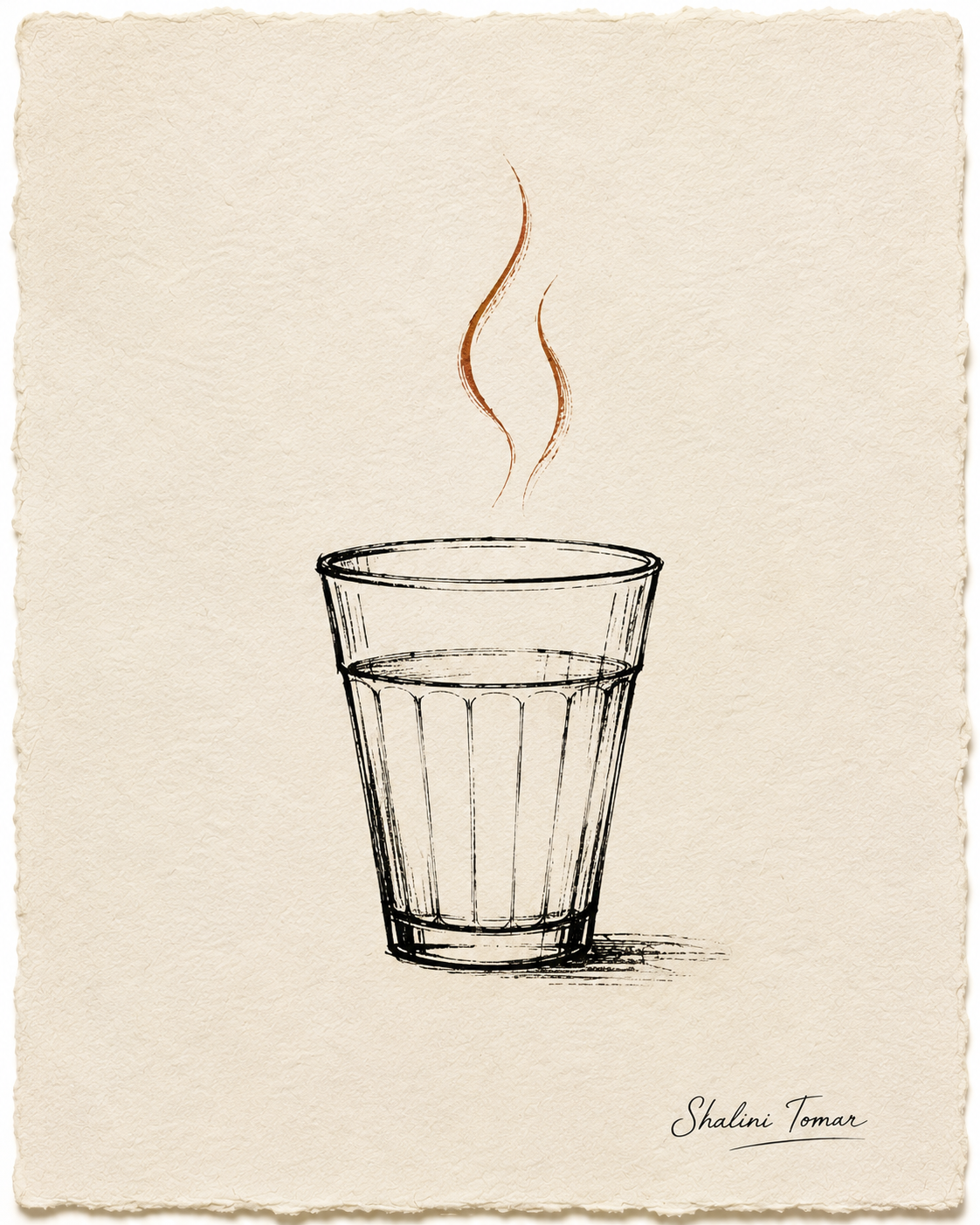 Steaming glass of Indian chai drawn in black lines with warm sienna strokes on textured ivory paper