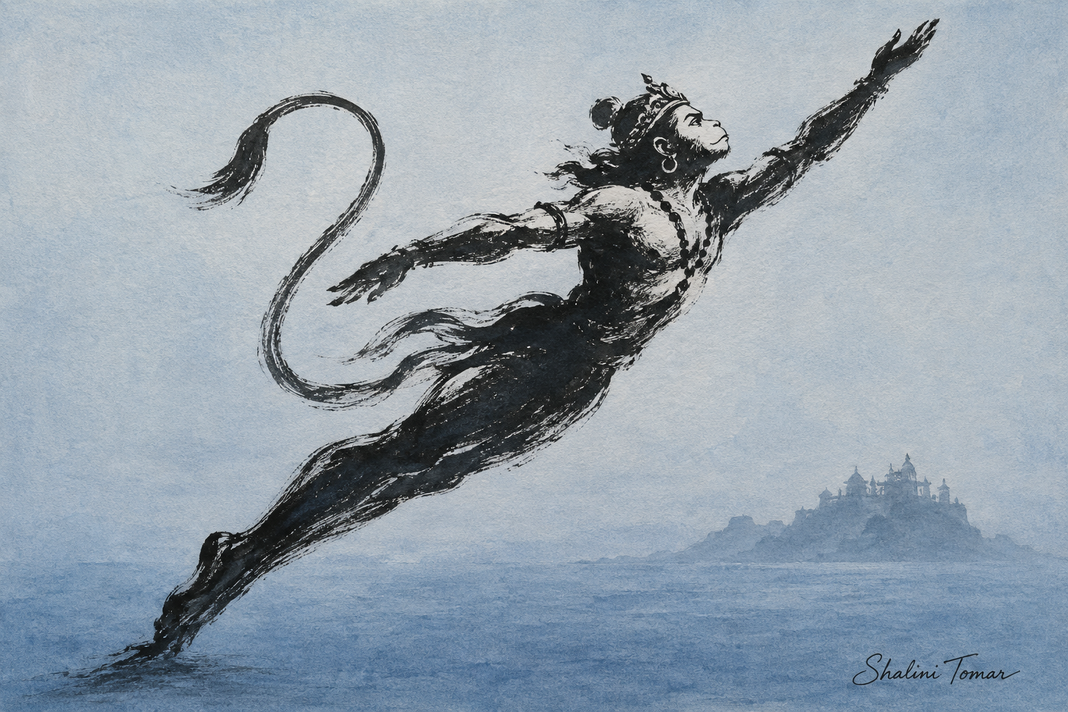 Black-ink Hanuman silhouette leaping across a pale blue ocean toward distant Lanka