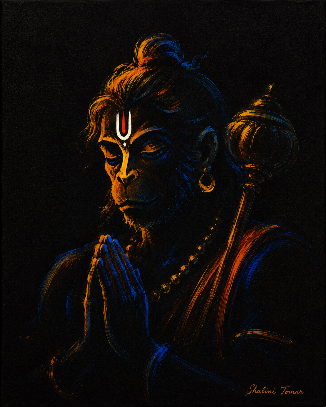 Hanuman in prayer with folded hands and gada, painted in saffron and blue against black