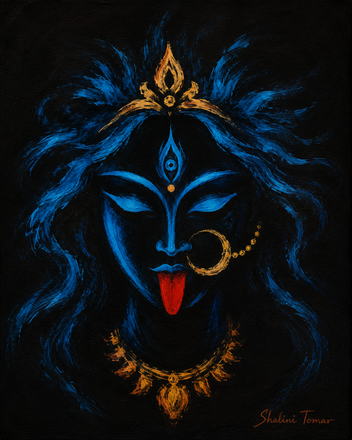 Goddess Kali with luminous blue features, red tongue, golden crown, and nose ring emerging from darkness