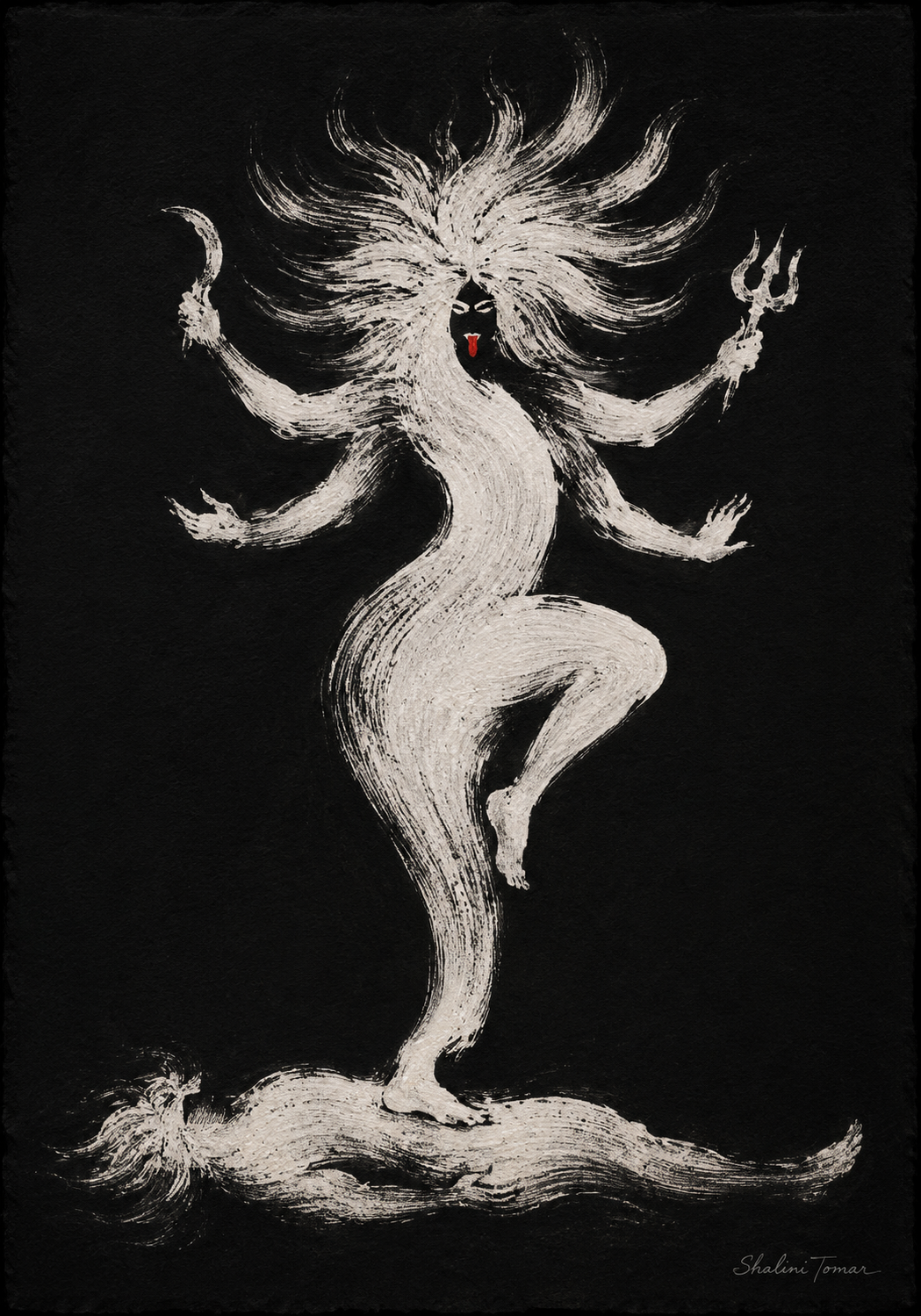 Mahakali in white brushwork holds a crescent blade and trishul over a fallen figure on black.