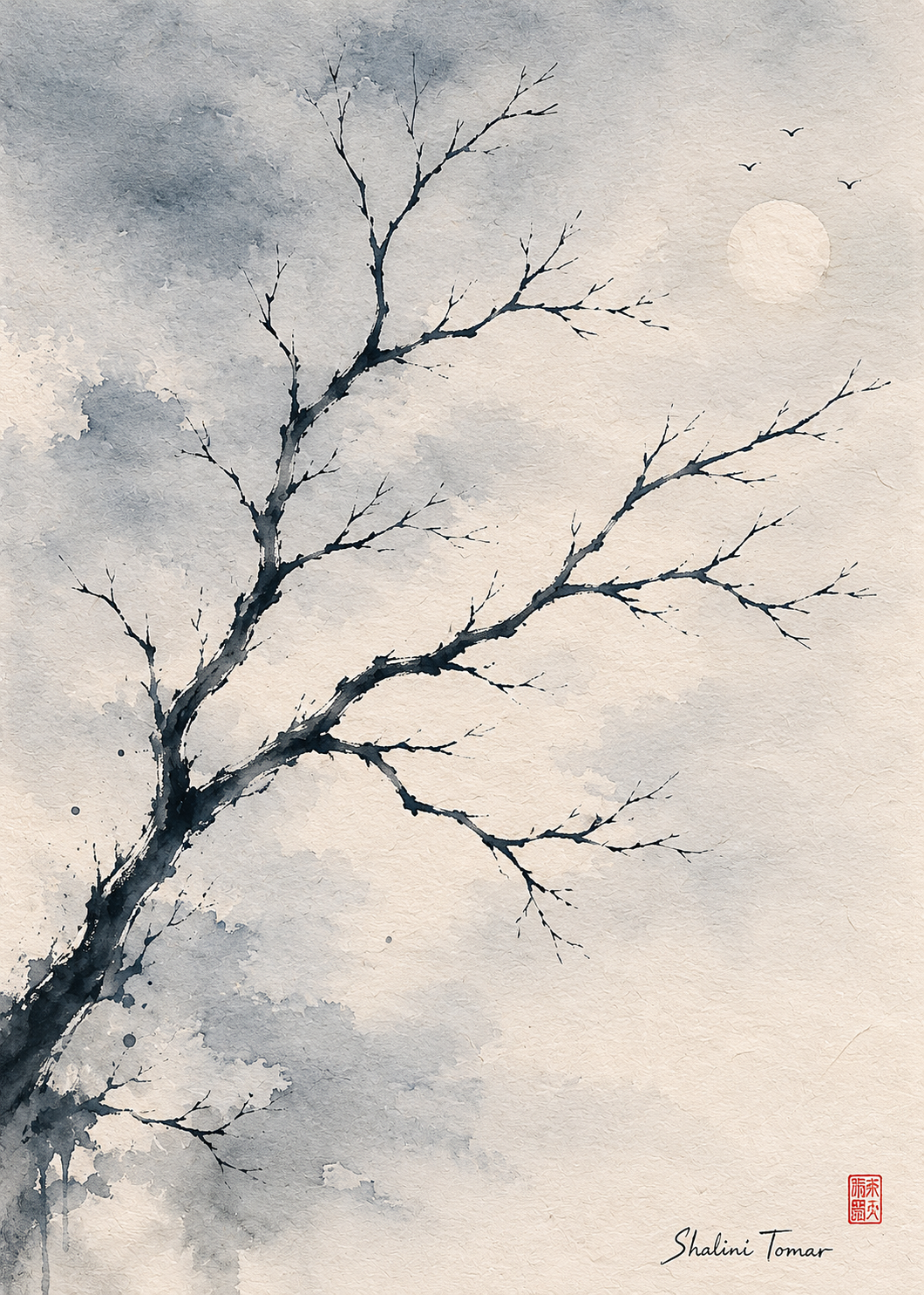 Bare ink-wash tree beneath a pale moon, with three birds crossing a misty blue-gray sky