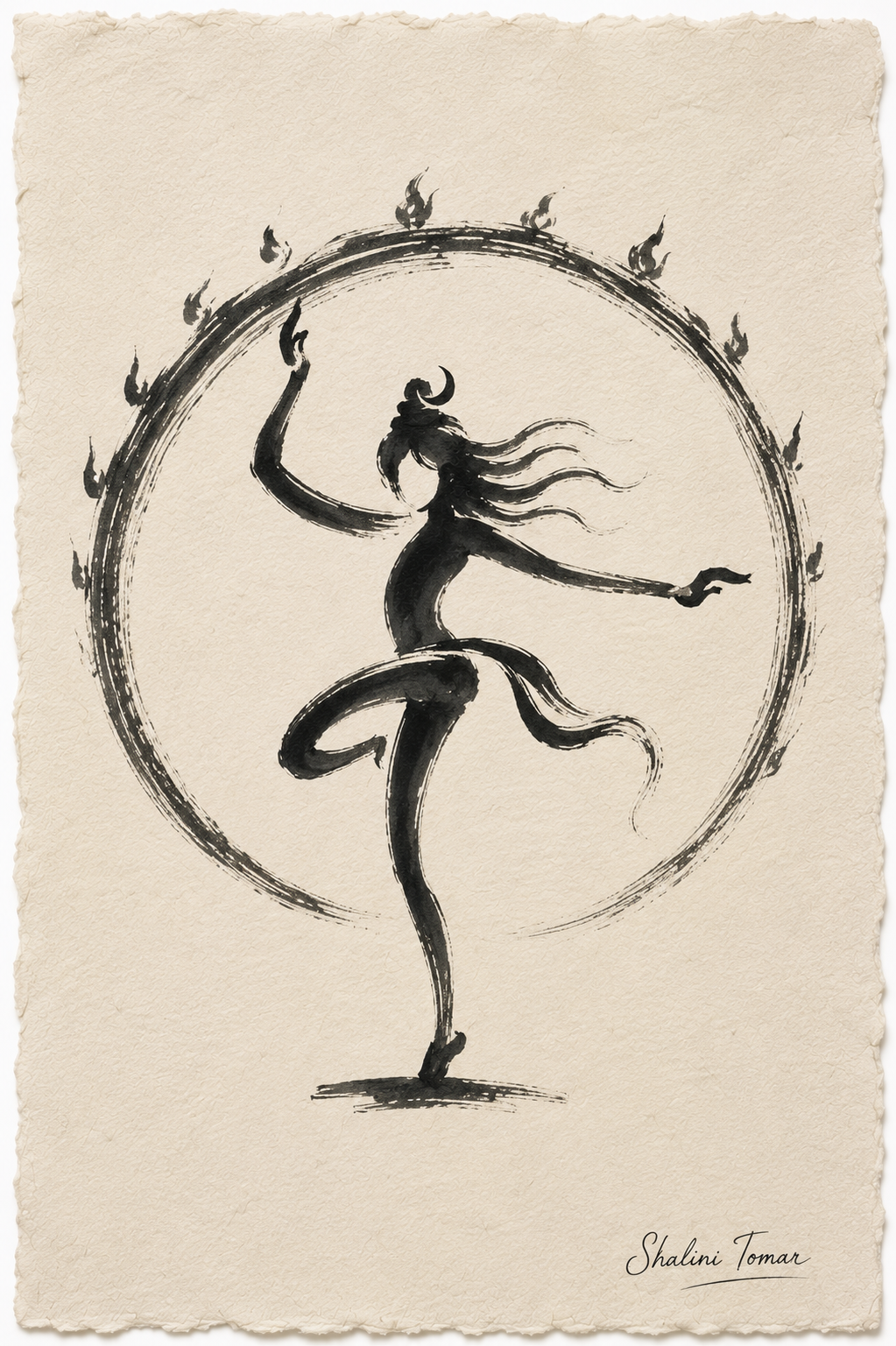 Nataraja dancing inside a circular ring of flames in black ink on warm deckled paper