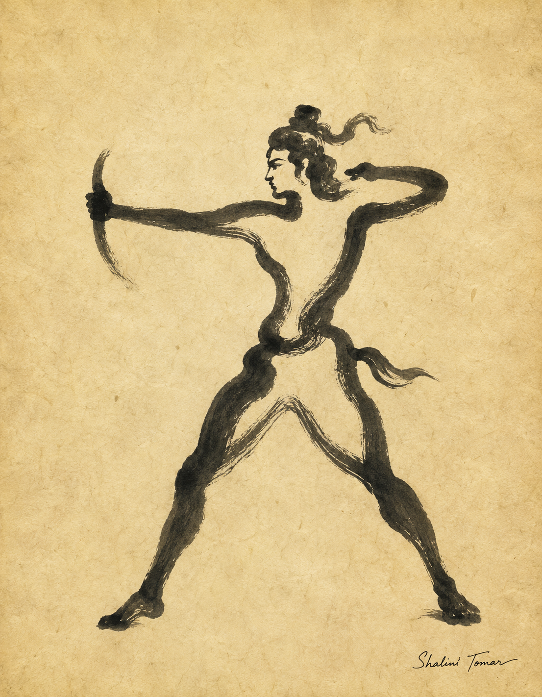 Lord Rama in an archer's stance, rendered in sweeping black ink on aged golden paper