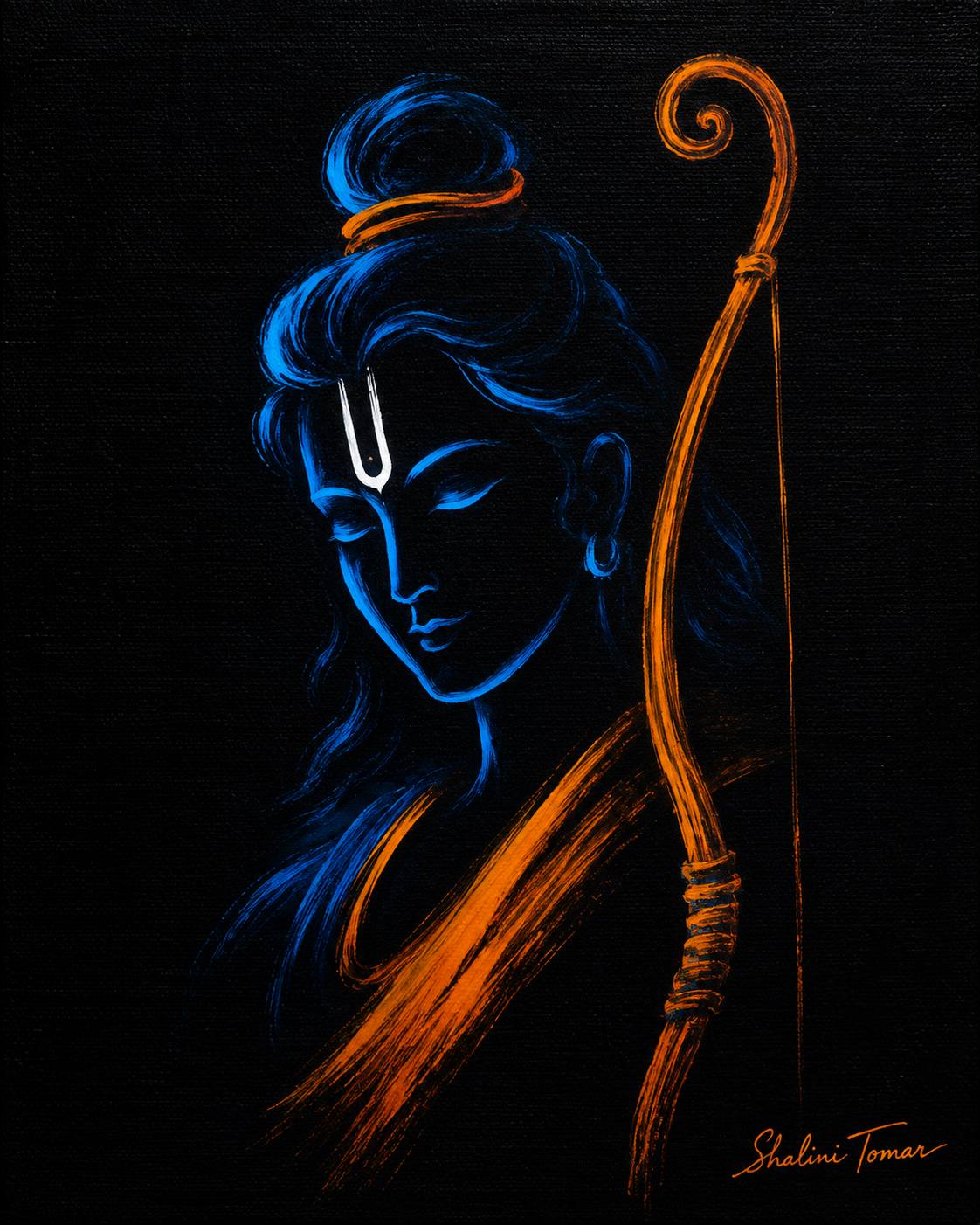 Lord Rama in contemplative profile beside his bow, painted in blue and saffron on black