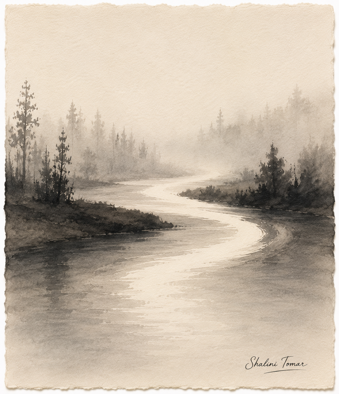 Silver river winding through layered pine forests fading into soft atmospheric mist in a monochrome watercolor.