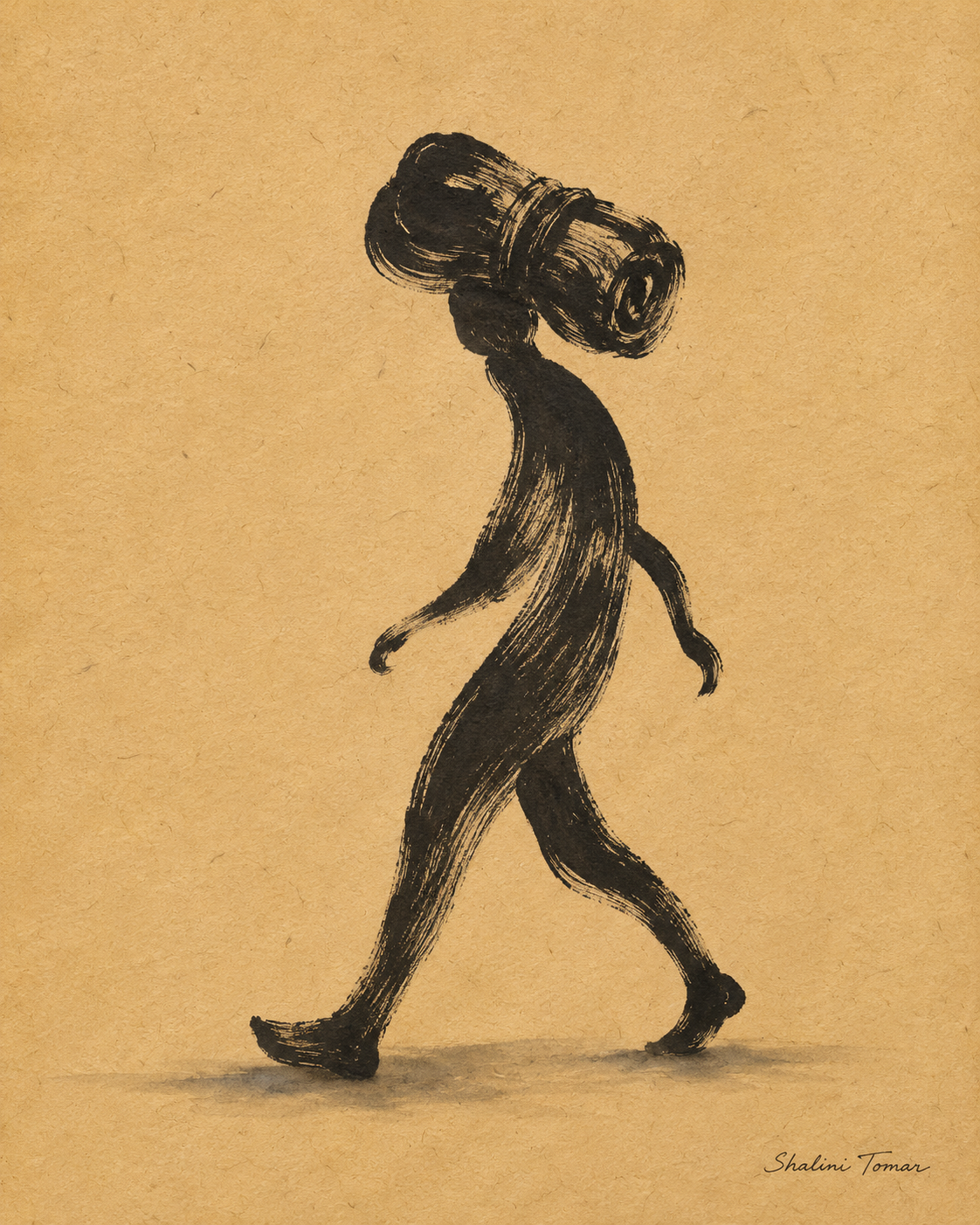 Rural woman carrying a large water vessel on her head in bold black ink on warm ochre paper