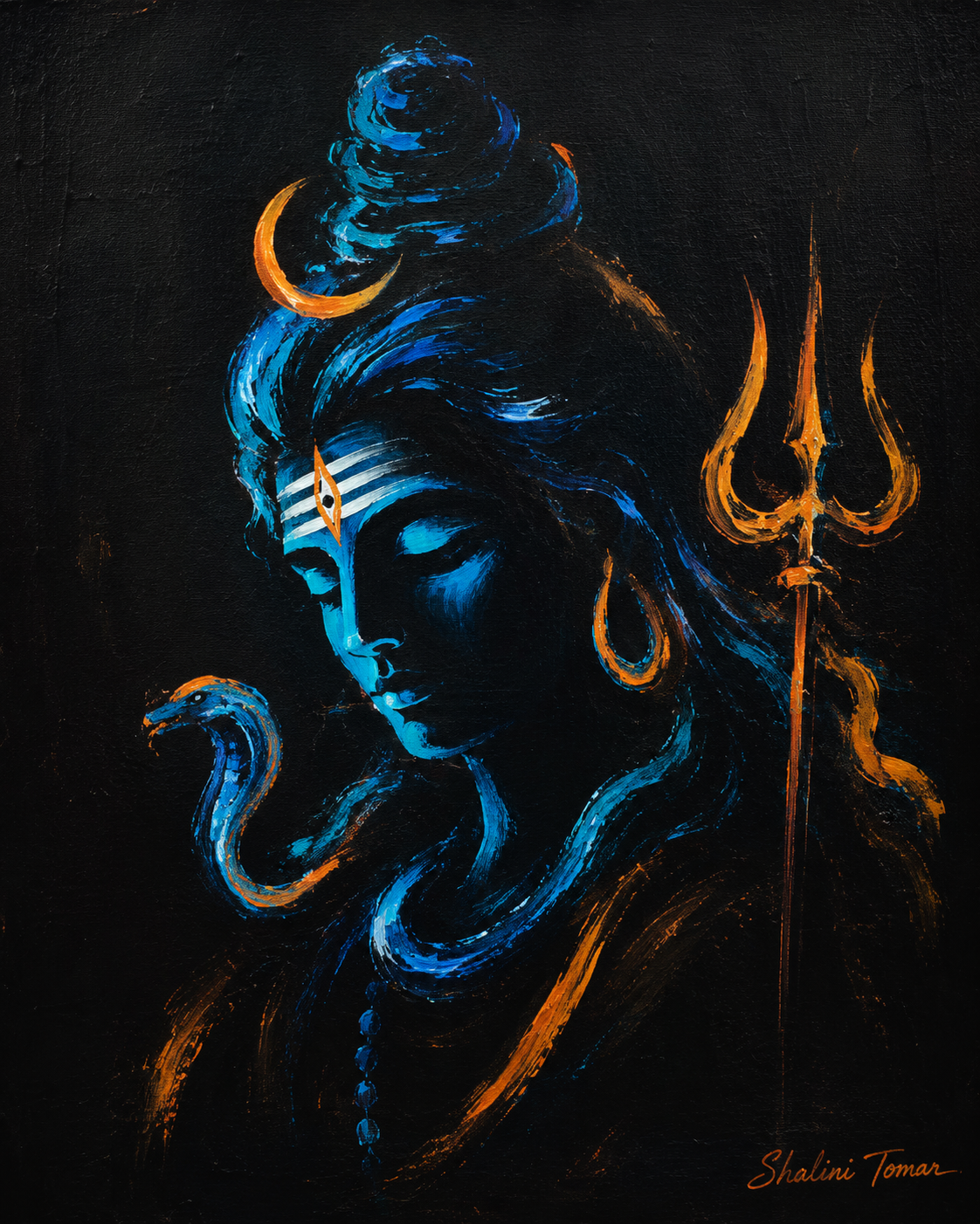 Lord Shiva portrait with crescent moon, third eye, serpent, and trishul in blue and orange on black