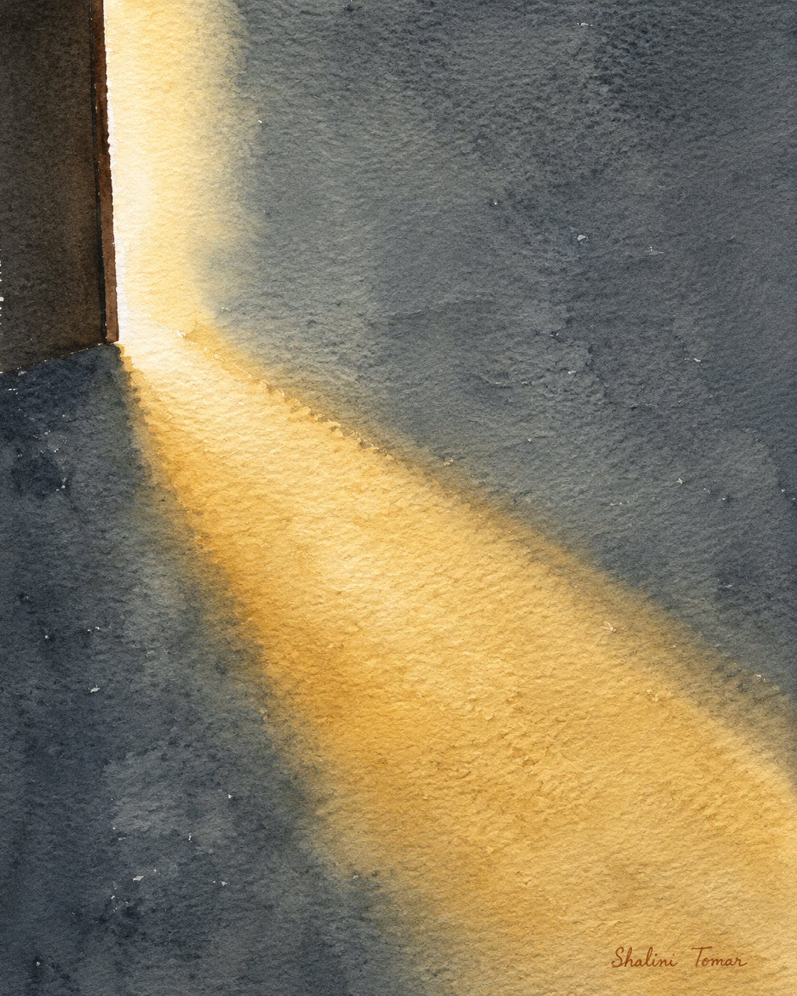 Golden light enters a partly open doorway in a cool charcoal room.