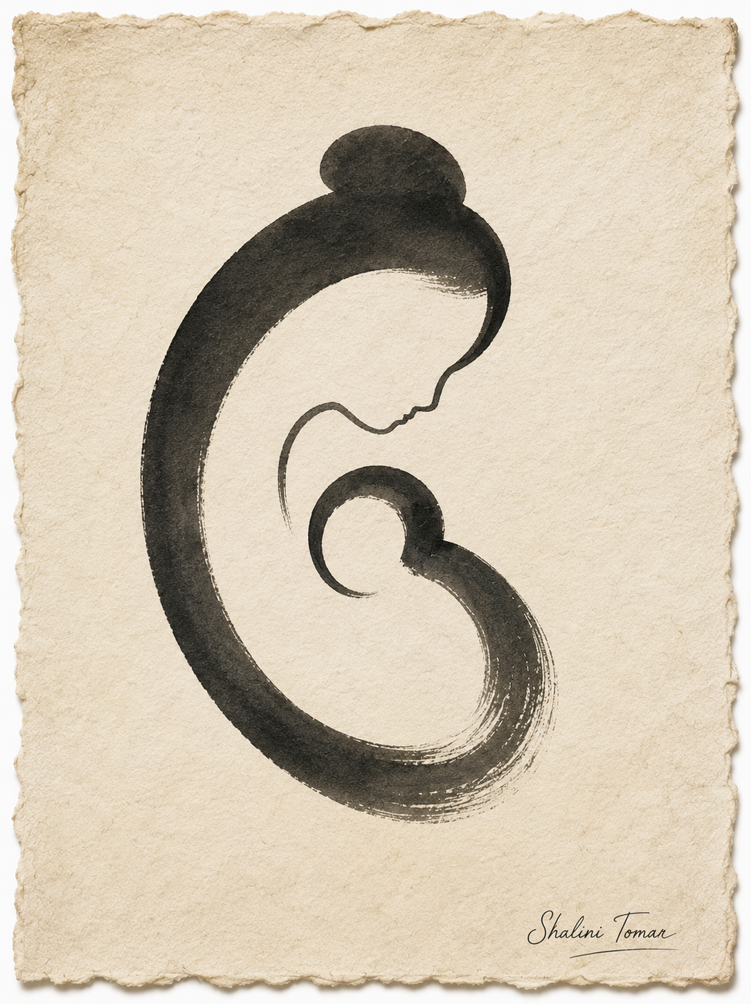 Mother and infant joined in one black brushstroke on textured ivory paper