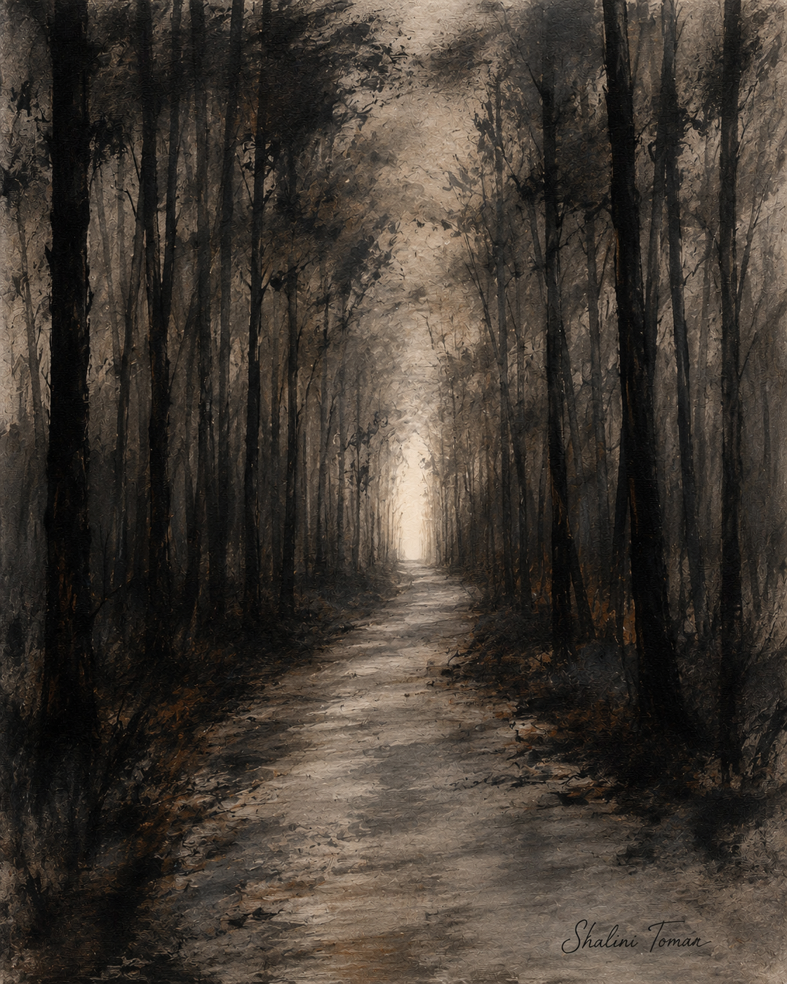 Shadowed woodland path between charcoal trees leading toward a distant opening of light