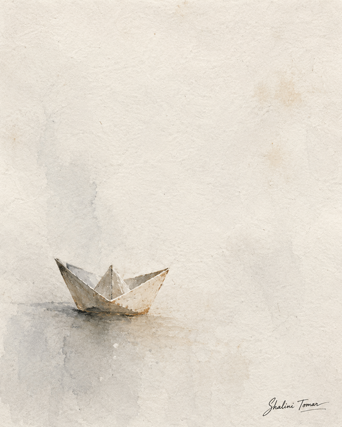 Solitary paper boat on a pale reflective wash with expansive textured space