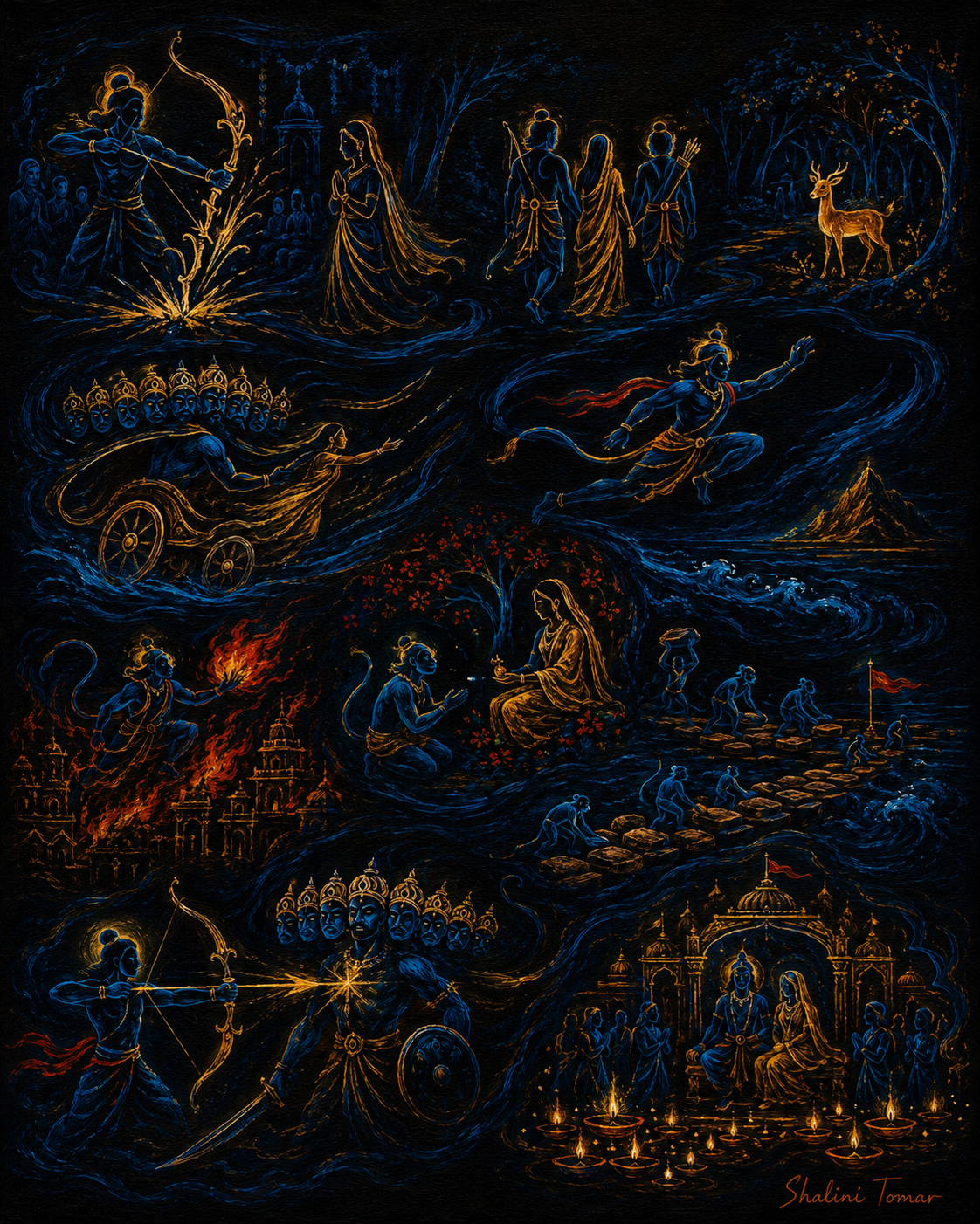 Narrative Ramayana painting with blue, gold, and red scenes from exile to the return to Ayodhya