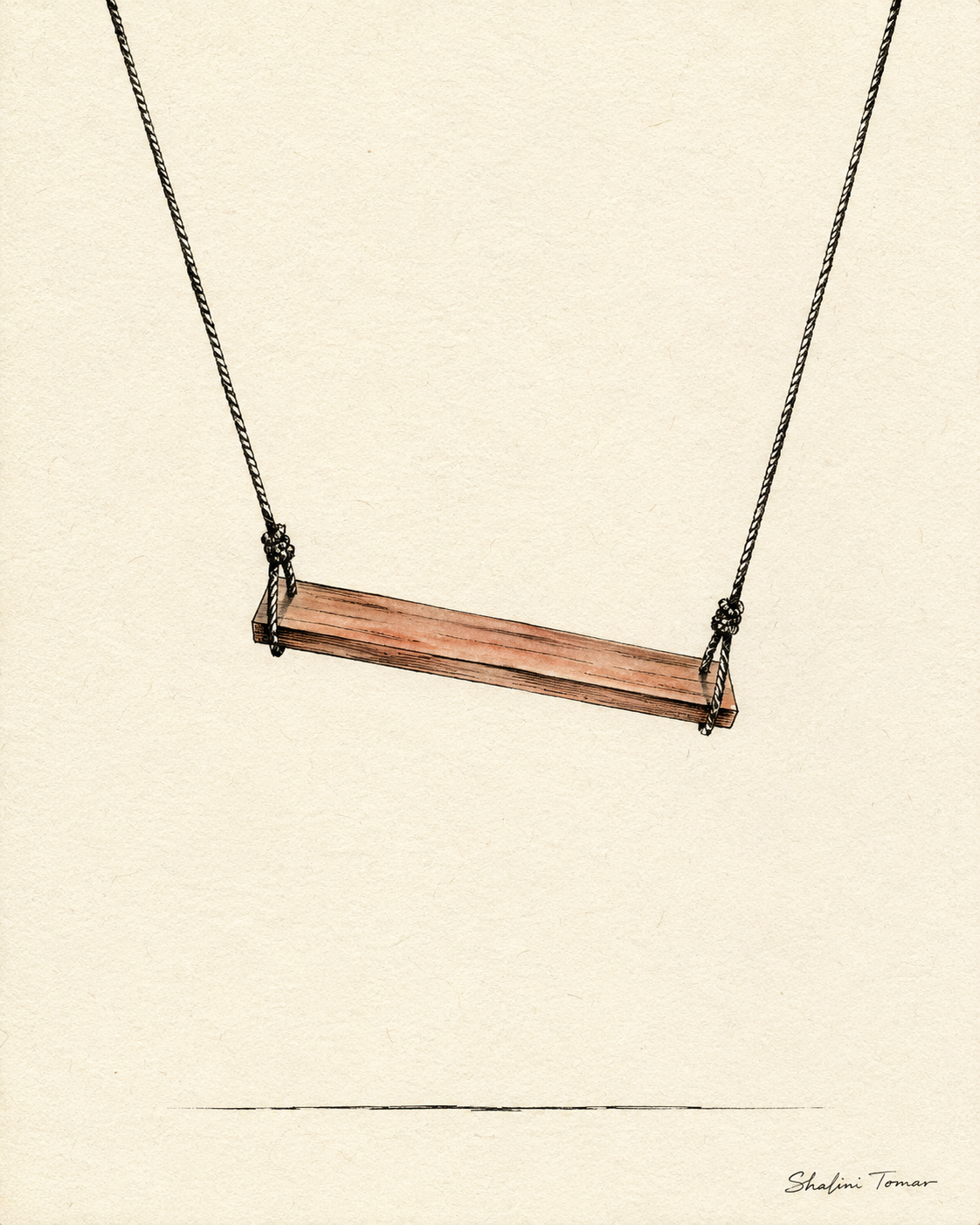 Empty wooden swing suspended in ivory space above a single fine shadow line