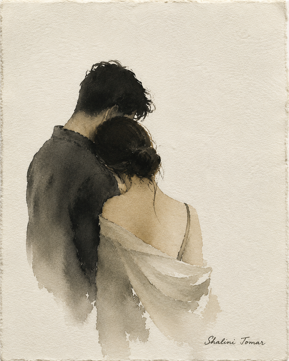 Monochrome watercolor portrait of a couple resting in a quiet embrace