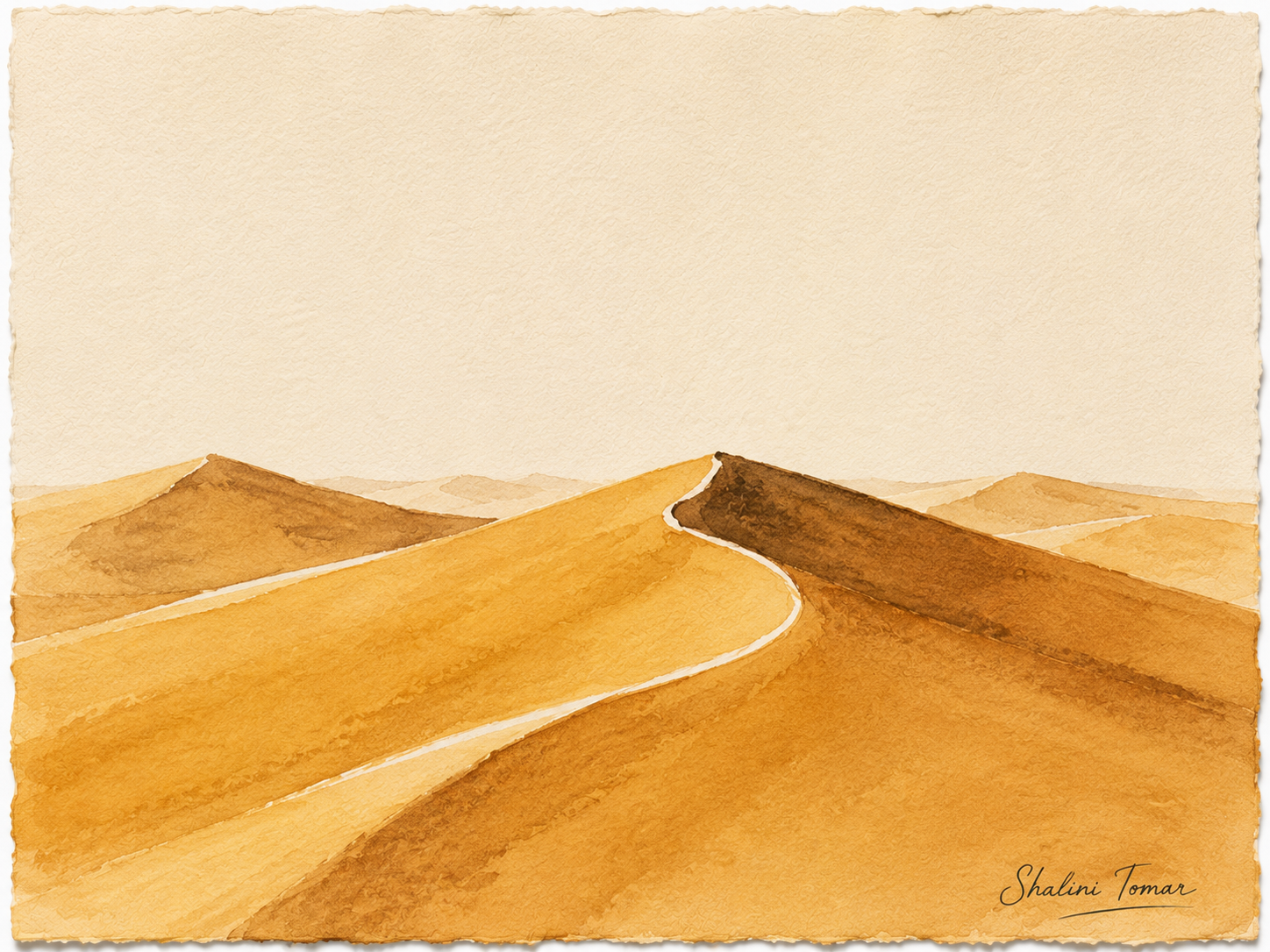 Golden desert dunes curve toward the horizon in ochre and honey watercolor washes.